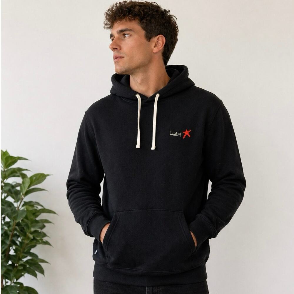 Elevate Black Pullover Hoodie Minimalist Logo Lundbeck Pocket Sweatshirt L